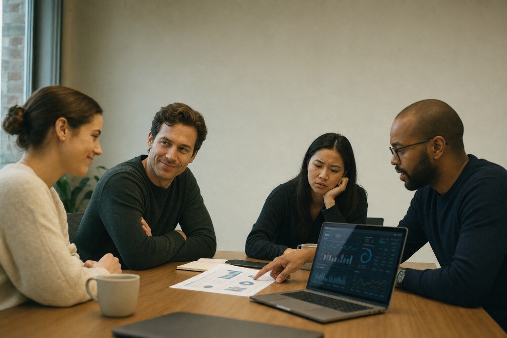 A small team studies an AI-generated operations report; two people smirk at the speed while one analyst points to the hidden inconsistency underneath
