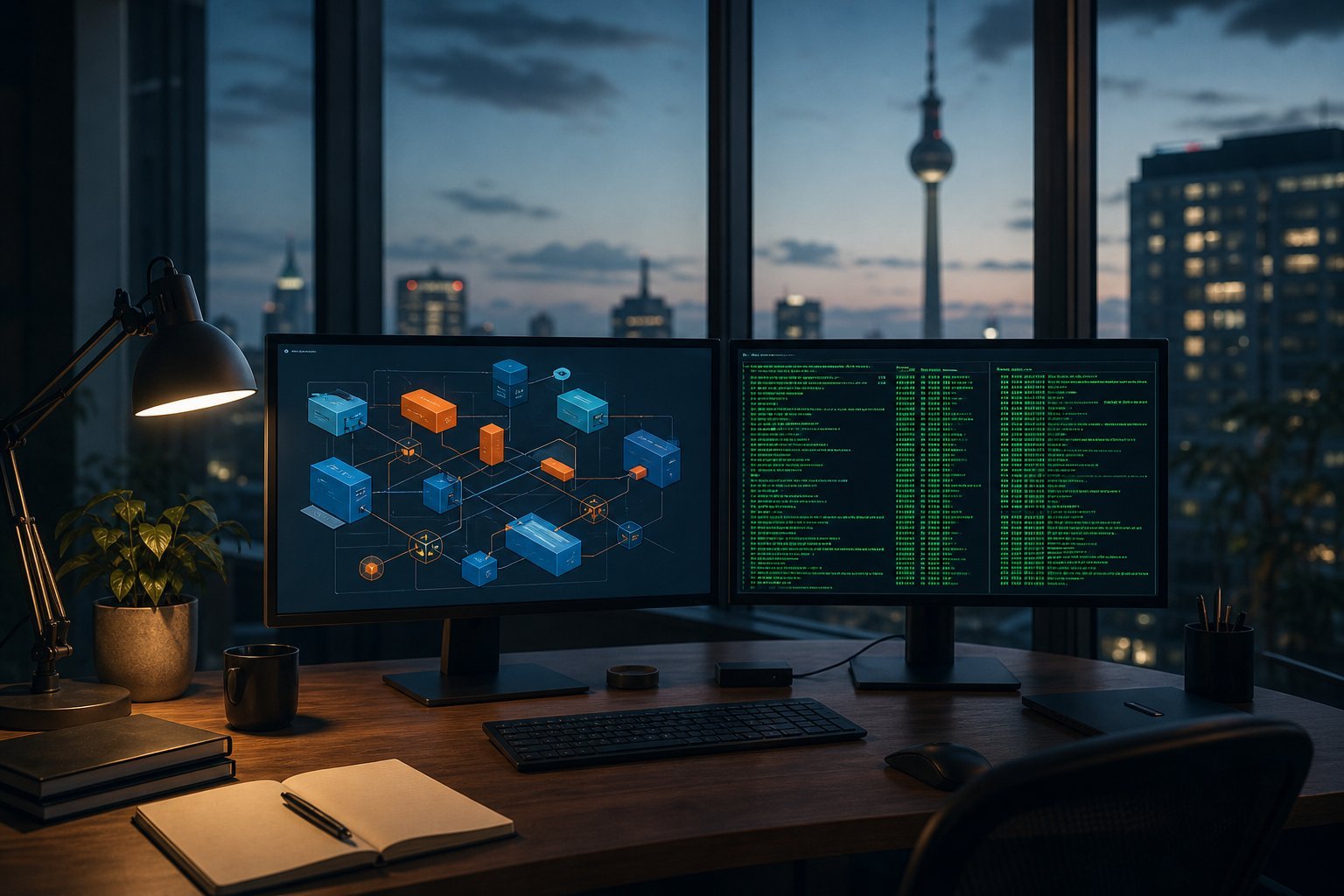 Two monitors at dusk in a Berlin office — a blue system-architecture diagram beside a terminal of green code, the Fernsehturm on the skyline