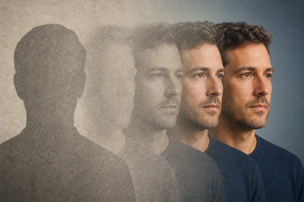 Five overlapping portraits of the same person transitioning from a grainy silhouette to a sharp colour photograph