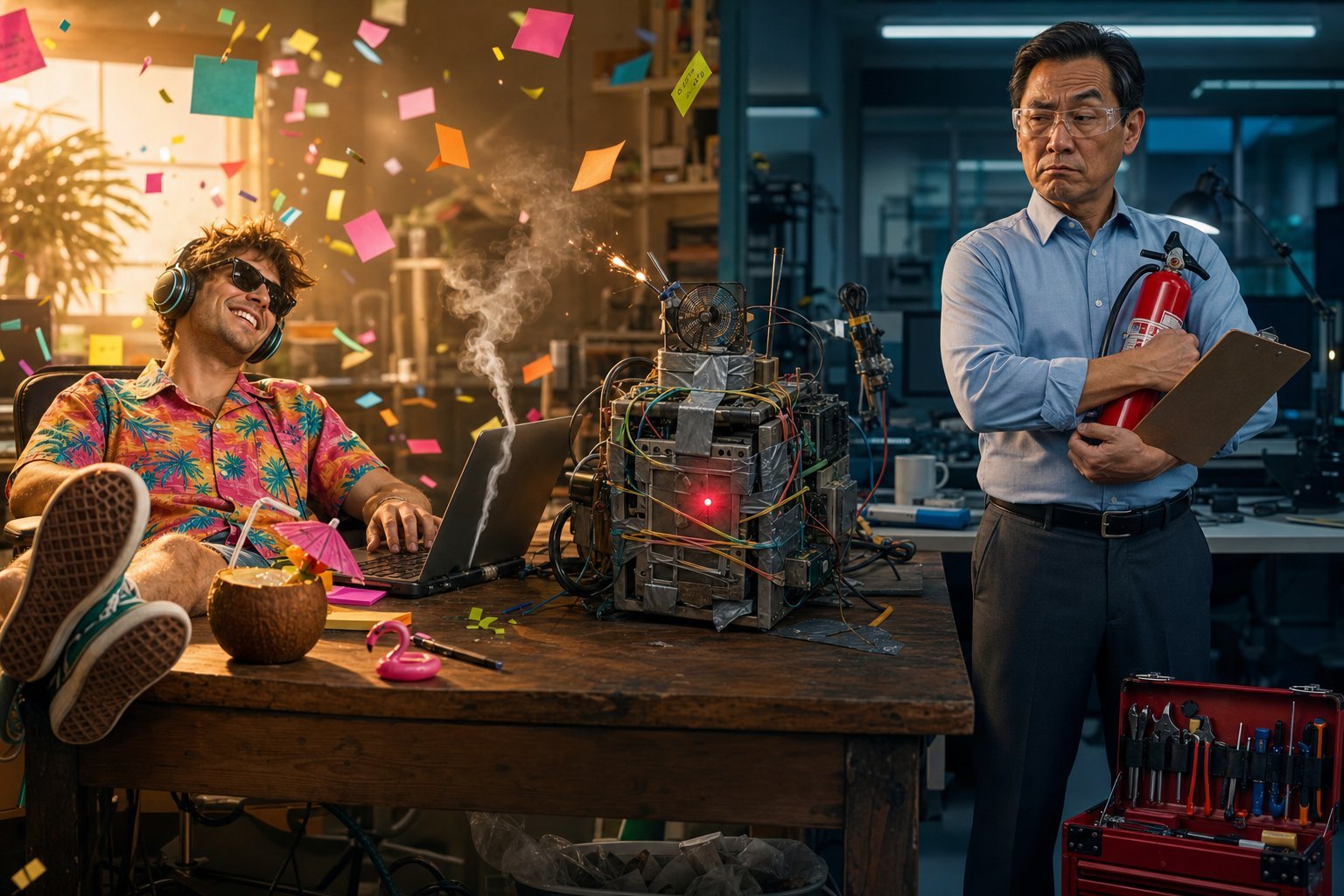 A relaxed vibe-coder in sunglasses and a Hawaiian shirt lounging beside a smoking, sparking machine of taped-together parts, while a wary manager stands nearby clutching a fire extinguisher and clipboard