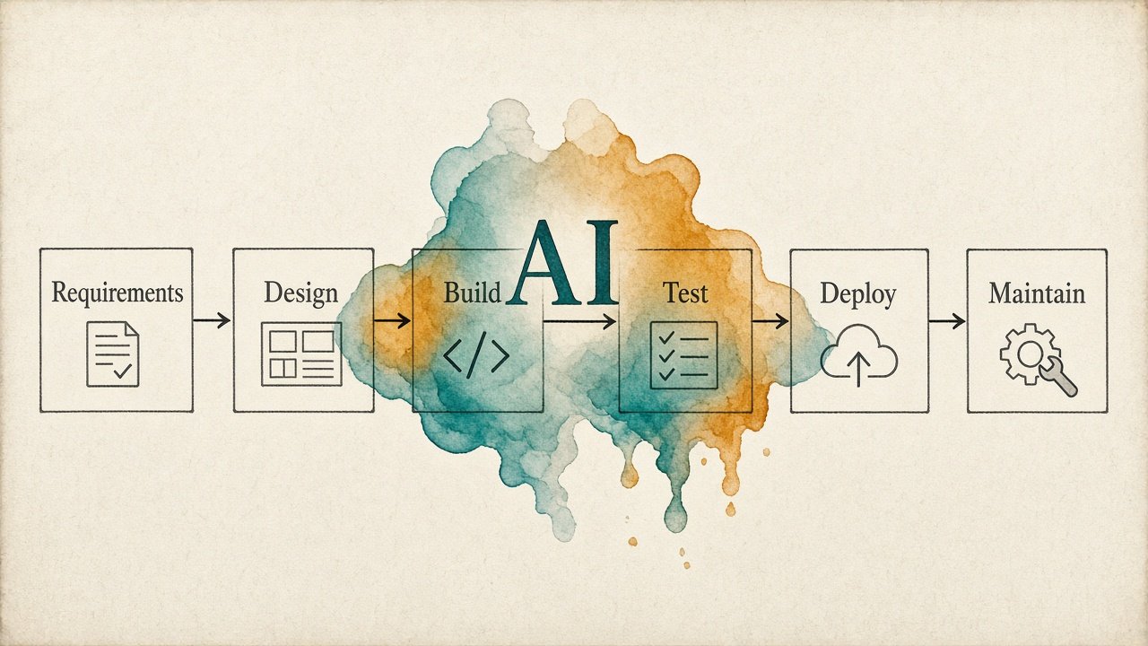 SDLC flowchart from Requirements to Maintain with an AI overlay across Build and Test stages
